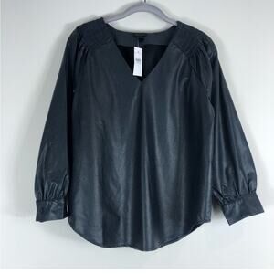 NWT Ann Taylor black faux leather smocked shoulder top